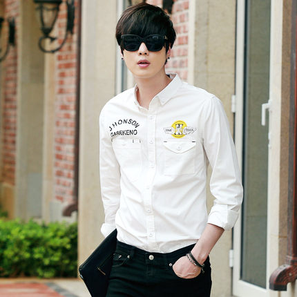 AMH男装韩版2015秋装新款潮男修身方领印花长袖衬衫QZ4077賽