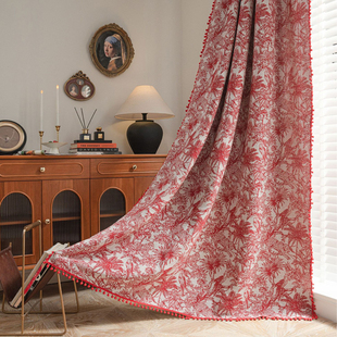 美式 复古红色提花椰子树窗帘成品摩洛哥民族风厨房帘半遮光飘窗布