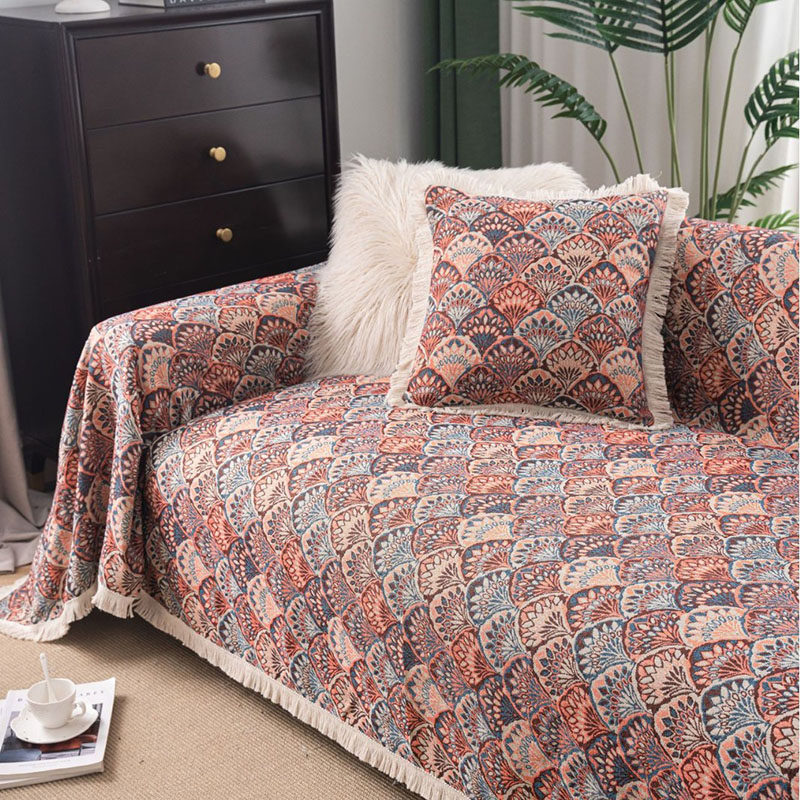 法式银杏叶沙发巾蓝线布艺全盖沙发套罩双人沙发垫四季通用沙发毯