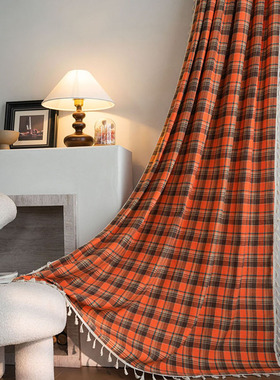 法式色织橙色格子窗帘英伦复古飘窗布艺厨房帘小窗挂帘半遮光装饰