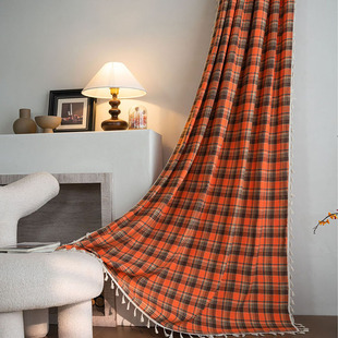 法式色织橙色格子窗帘英伦复古飘窗布艺厨房帘小窗挂帘半遮光装饰