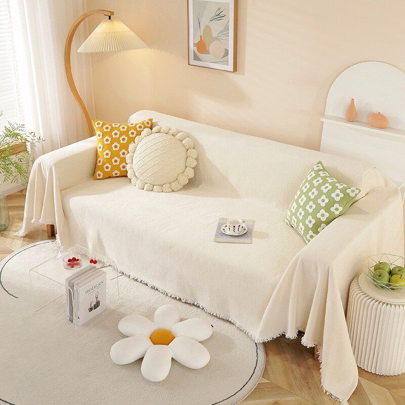 法式奶油风米白色雪尼尔沙发巾简约现代四季通用纯色沙发盖布套罩