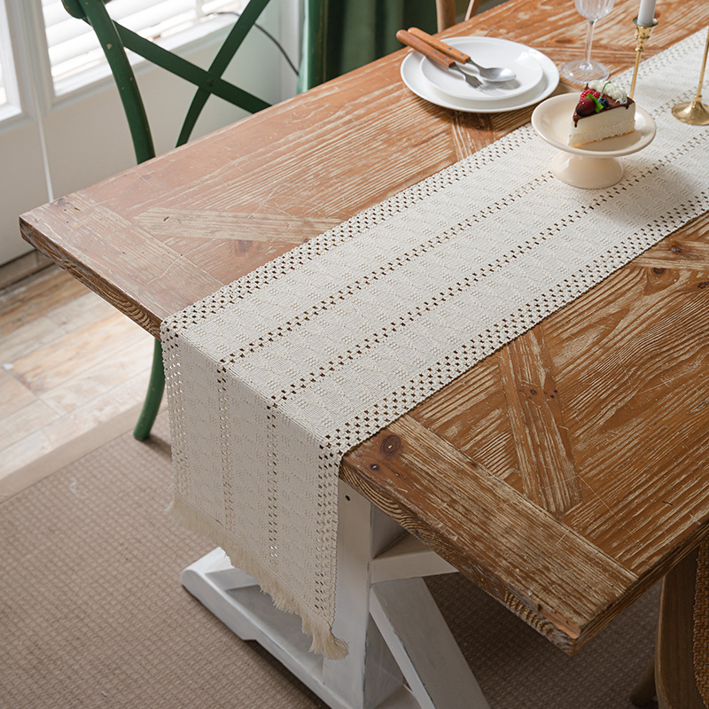 北欧现代简约棉线编织流苏桌旗