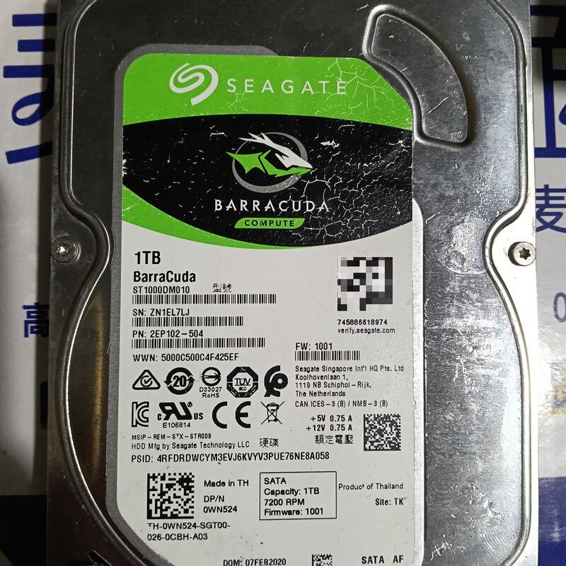 希捷1TB机械硬盘，型号ST1000DM010，泰国产，拆机--议价商品