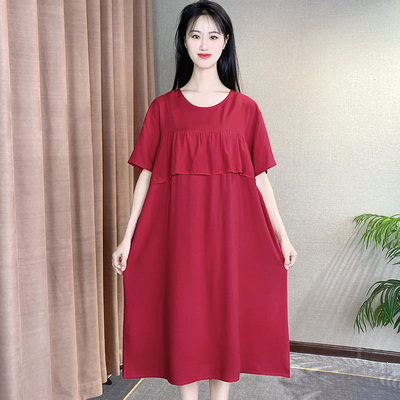 睡裙女夏凉快莫代尔胖mm不带胸垫防凸点棉绸大码连衣裙红色本命年