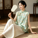 棉绸无袖衬衫女夏季新中式立领大码宽松遮肉透气国风外穿上衣薄款