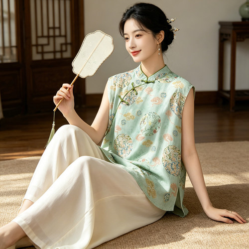 棉绸无袖衬衫女夏季新中式立领大码宽松遮肉透气国风外穿上衣薄款