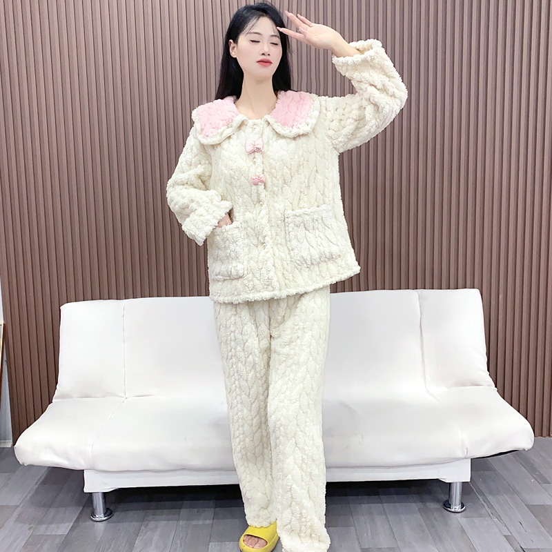 法兰绒女生睡衣女小清新可爱公主风长袖加绒珊瑚绒家居服套装Y143