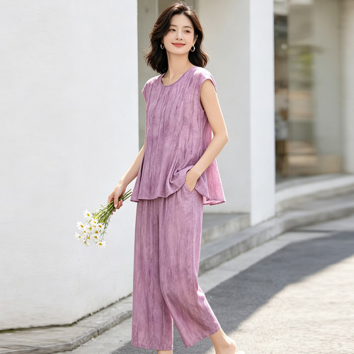 2026新款女士大码套装紫色无袖棉绸上衣九分阔腿裤休闲洋气两件套