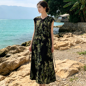 女士无袖棉绸连衣裙收腰显瘦长款大码宽松V领印花中年妈妈长裙夏