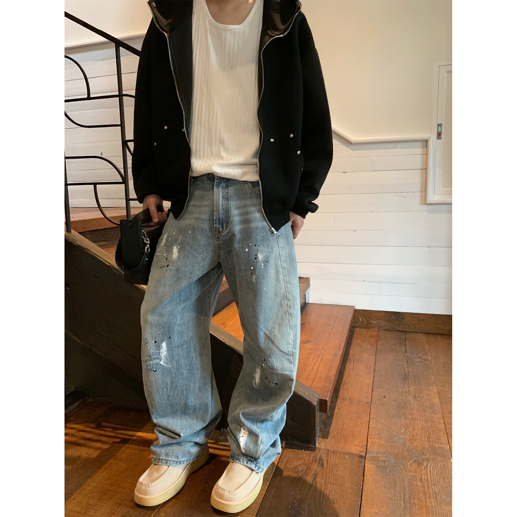 晨树 水洗泼墨立体剪裁特别版牛仔裤/时髦羊腿裤/视觉拉高收窄