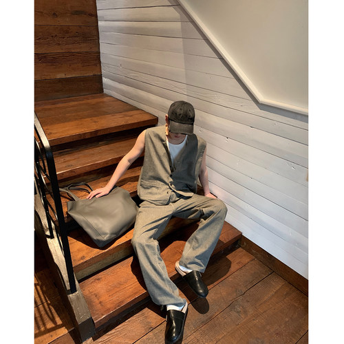 晨树  灰/蓝白/老钱混搭主义马甲长裤套装/合身版型/精致日常百搭