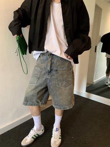 晨树 夏季复古水洗做旧牛仔短裤男 双口袋直筒宽松阔腿百搭五分裤