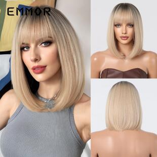 夏季 自然透气齐刘海金色短直发波波头欧美风假发全头发型wigs 新品