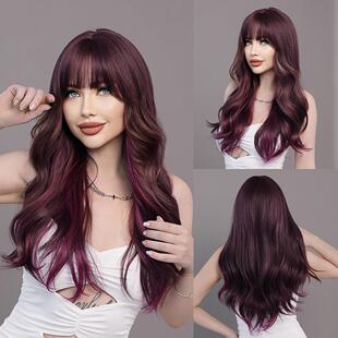 Wavy Wigs 挑染紫色齐刘海假发女长卷发大波浪Purple 欧美新款