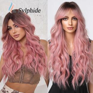 假发粉色灰金八字刘海长卷发Tik 欧美玫瑰网哑光高温丝Wig Tok新品