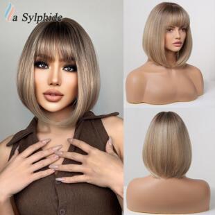 机制高温丝玫瑰 刘海假发女Wig短直发bob棕色渐变金色速卖通热卖