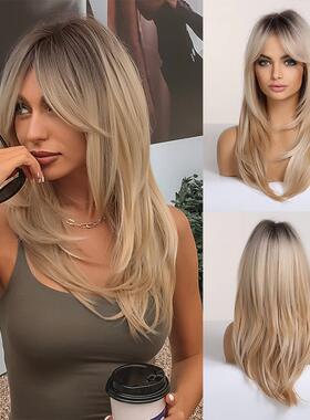 Brown to Blonde Omber Wigs  Synthetic Hair for Women可以烫染