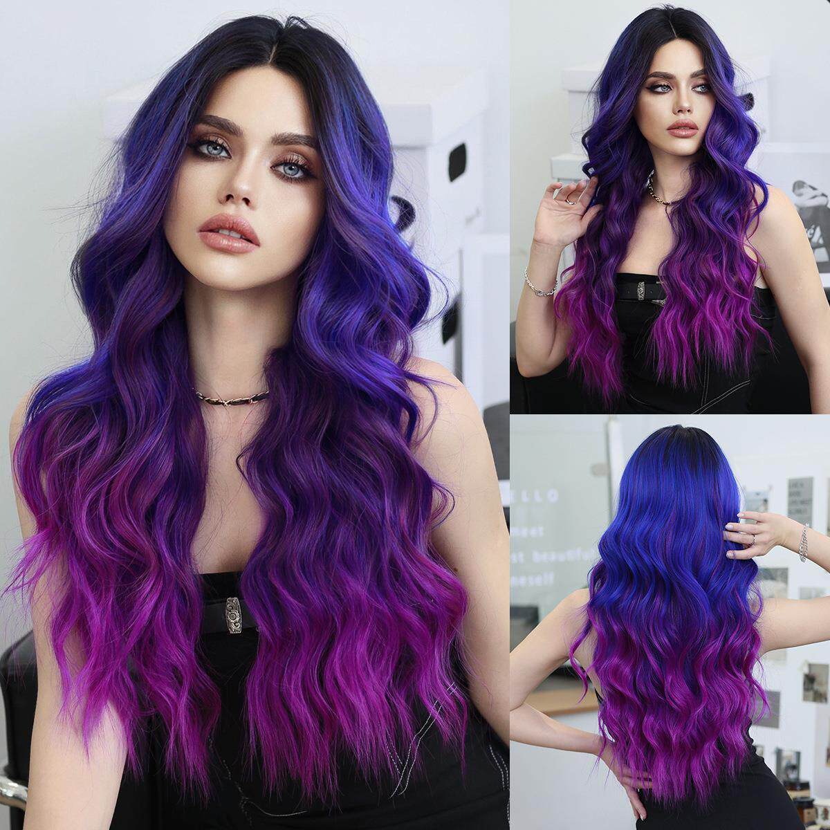 小额蕾丝假发梦幻紫蓝渐变中分波浪卷发化纤全头套Small Lace Wig