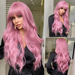 with Women Long Wigs Synthetic for Wave Pink Bangs