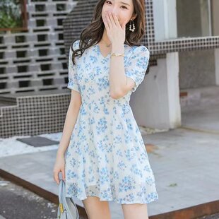 女夏季 Selena藍(lán)色碎花雪紡小個(gè)子連衣裙2024新款 顯高氣質(zhì)高雅高級