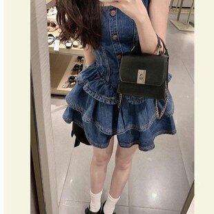 Selena短裙吊帶牛仔連衣裙夏季 多巴胺穿搭收腰蓬蓬裙小個(gè)子背帶裙