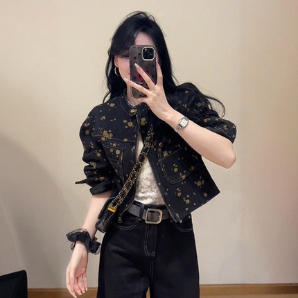 净色玫瑰花牛仔外套女2026春新款黄色碎花印花上衣短款气质时尚