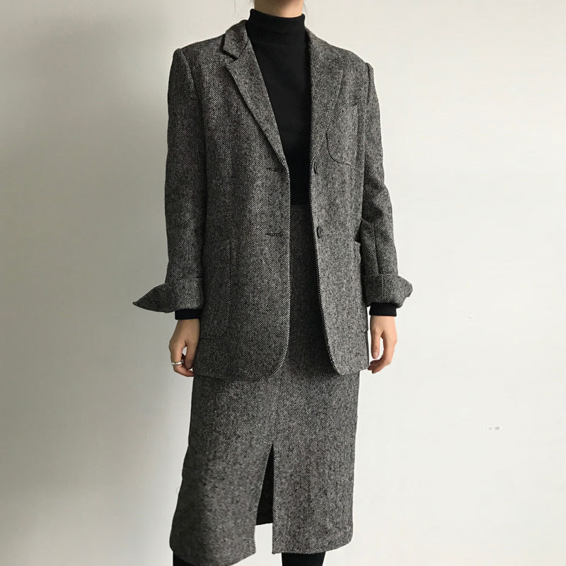 2024 새로운 겨울 의류 한국 스타일 패션 캐주얼 느슨한 모직 정장 재킷과 스커트 정장 여성 유행