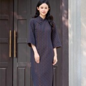 白简朱衣原创设计 2026春纯棉色织复古波点七分喇叭袖 旗袍