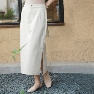 白简朱衣原创设计 米白色木棉 直筒半身裙