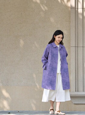 2026春纯棉色织紫色中长款加里衬风衣外套【白简朱衣原创设计】