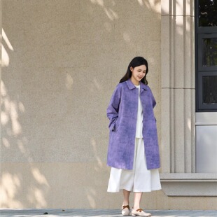 2026春纯棉色织紫色中长款加里衬风衣外套【白简朱衣原创设计】