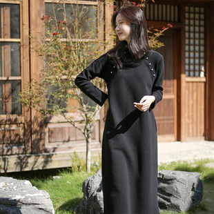 百搭 白简朱衣原创设计 秋冬改良旗袍式 过膝显瘦黑色旗袍连衣裙