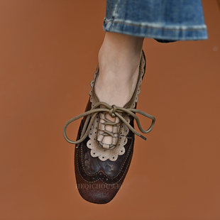 何其丑软牛皮复古软底小皮鞋春秋新款真皮系带单鞋雕花平底乐福鞋