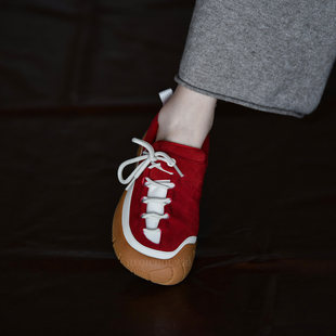 何其丑羊皮圆头系带德训鞋女新款厚底百搭户外运动休闲鞋平底女鞋