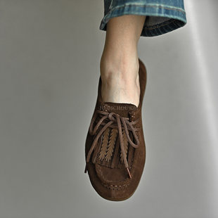 何其丑复古风牛反绒平底流苏乐福鞋女新款真皮一脚蹬软底深口单鞋