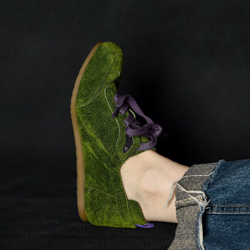 何其丑头层牛皮绿色德训鞋女2026新款真皮户外运动鞋训练休闲鞋子