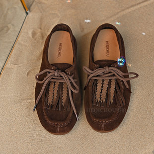 何其丑复古牛反绒平底流苏系带乐福鞋女新款真皮软底休闲深口单鞋