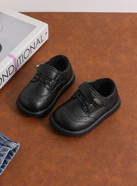 英伦风魔术贴学步鞋男童春秋防滑圆头小皮鞋1-3岁黑色软底宝宝鞋