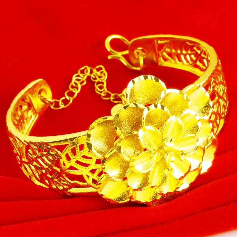 正品黄金手镯999足金女款新娘结婚首饰品24k金真金镯子手环大花朵