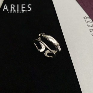 S925纯银小众简约风波浪纹镂空双层戒指时尚通勤百搭款开口调节