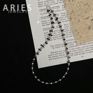 Aries 复古设计感天然黑曜石圆珠项链S925纯银小众轻奢时尚锁骨链