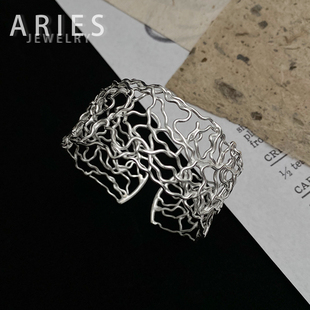 Aries 冷淡风轻奢不规则镂空网状宽版手镯S925银小众简约时尚个性