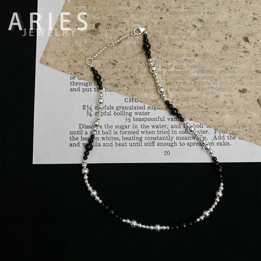 Aries 法式复古渐变圆珠黑玛瑙项链S925纯银简约个性百搭锁骨链