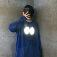 T恤女 韩国ins复古暗黑丧系创意反光印花上衣秋季 bf原宿风宽松长袖