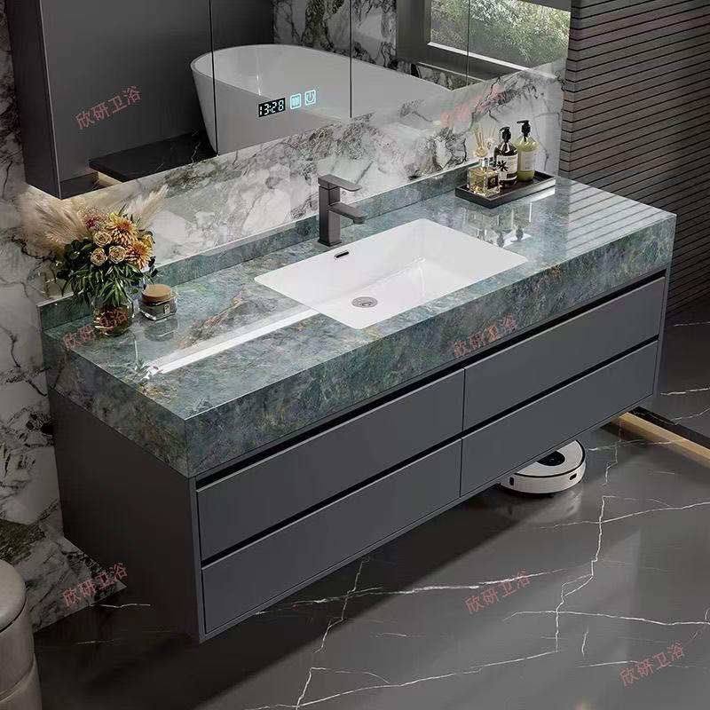 岩板热弯一体盆浴室柜组合无缝盆卫生间洗手盆实木浴室柜洗脸台盆