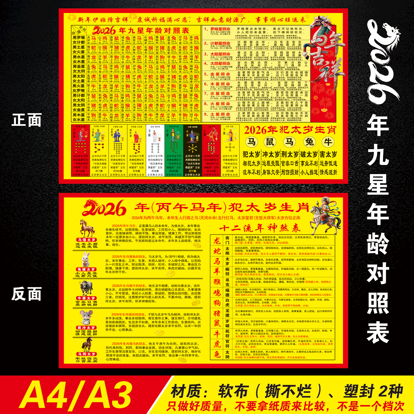 2026年九星年龄对照表十二生肖流年神煞表丙午马年犯太岁躲星塑封