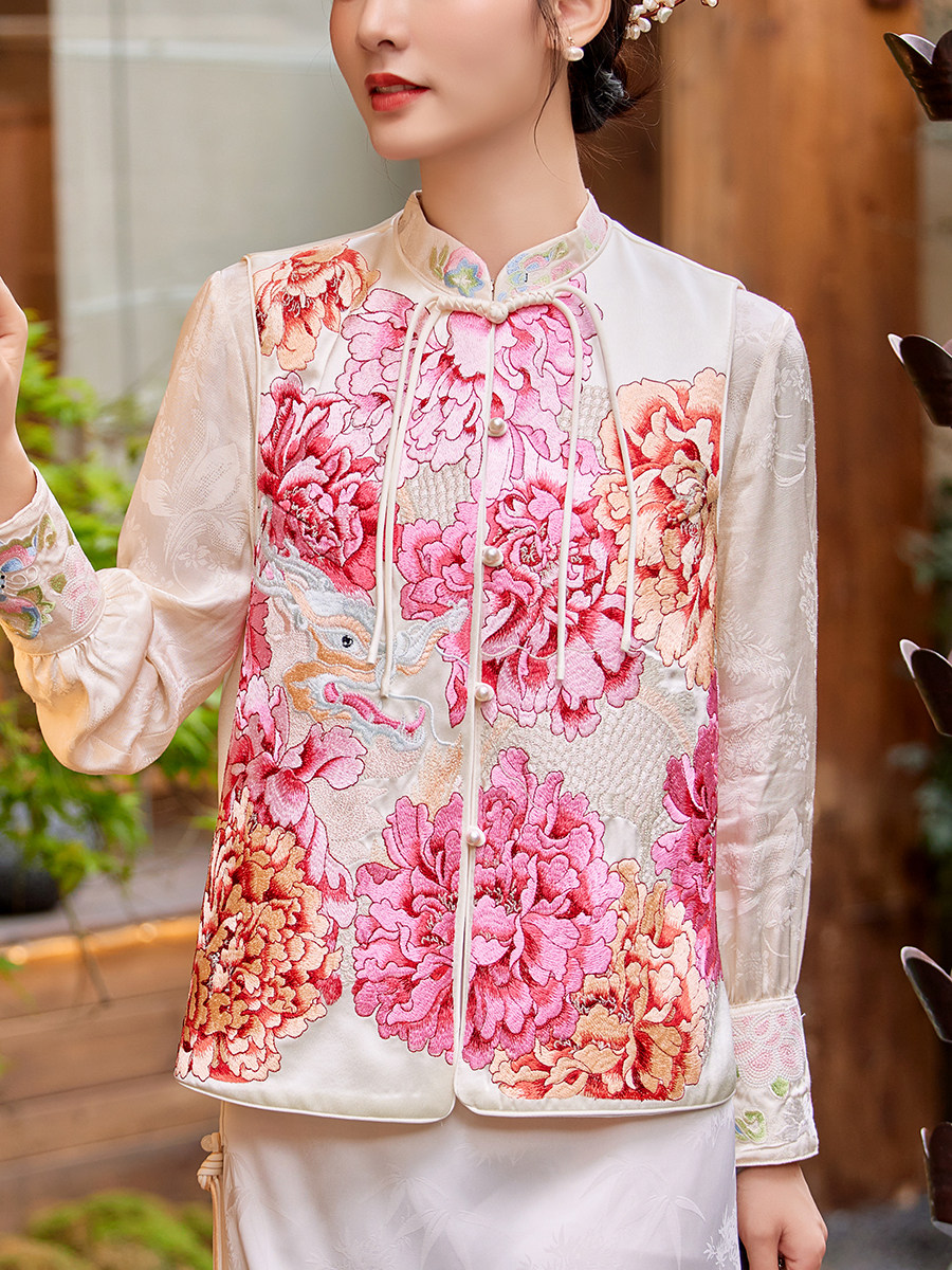 NEW CHINESE VEST TANG COSTUME ANCIENT COSTUME WOMENS HANFU HORSE CLIP VEST CARDIGAN BUCKLE HEAVY INDUSTRY NATIONAL STYLE EMBROIDERED TOP