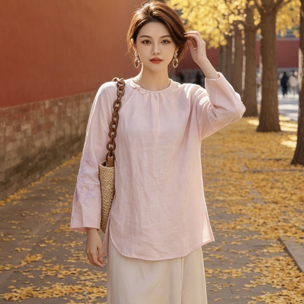 禅意茶服白色亚麻上衣盘扣圆领宽松佛系文艺新中式七分袖衬衫女