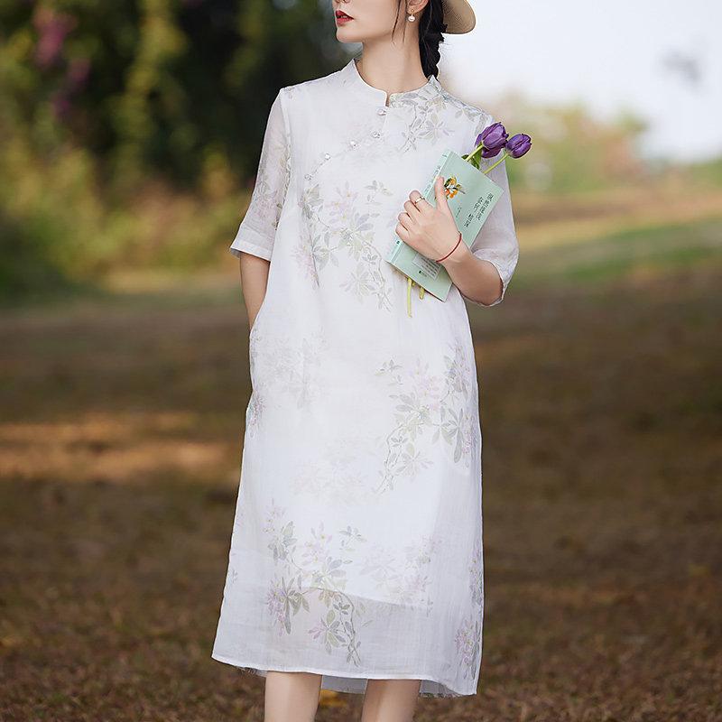 旗袍茶服裙子长裙苎麻薄纱连衣裙